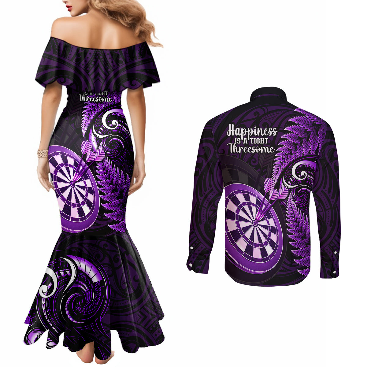 new-zealand-darts-couples-matching-mermaid-dress-and-long-sleeve-button-shirts-happiness-is-a-tight-threesome-maori-purple