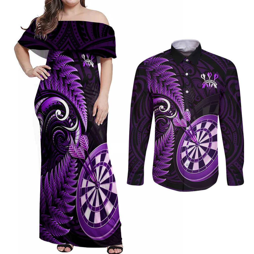 New Zealand Darts Couples Matching Off Shoulder Maxi Dress and Long Sleeve Button Shirts Happiness Is A Tight Threesome Maori Purple - Wonder Print Shop