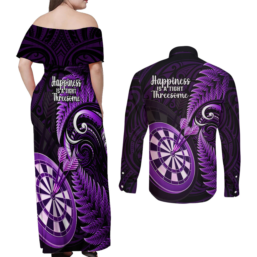 New Zealand Darts Couples Matching Off Shoulder Maxi Dress and Long Sleeve Button Shirts Happiness Is A Tight Threesome Maori Purple - Wonder Print Shop