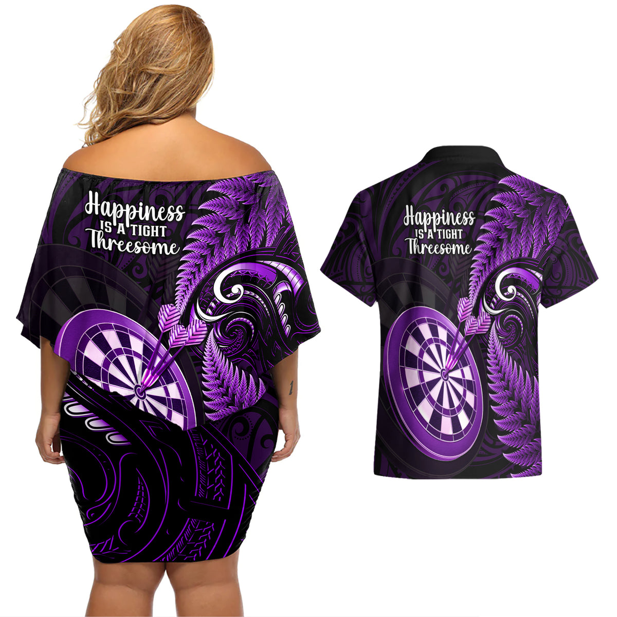 New Zealand Darts Couples Matching Off Shoulder Short Dress and Hawaiian Shirt Happiness Is A Tight Threesome Maori Purple - Wonder Print Shop