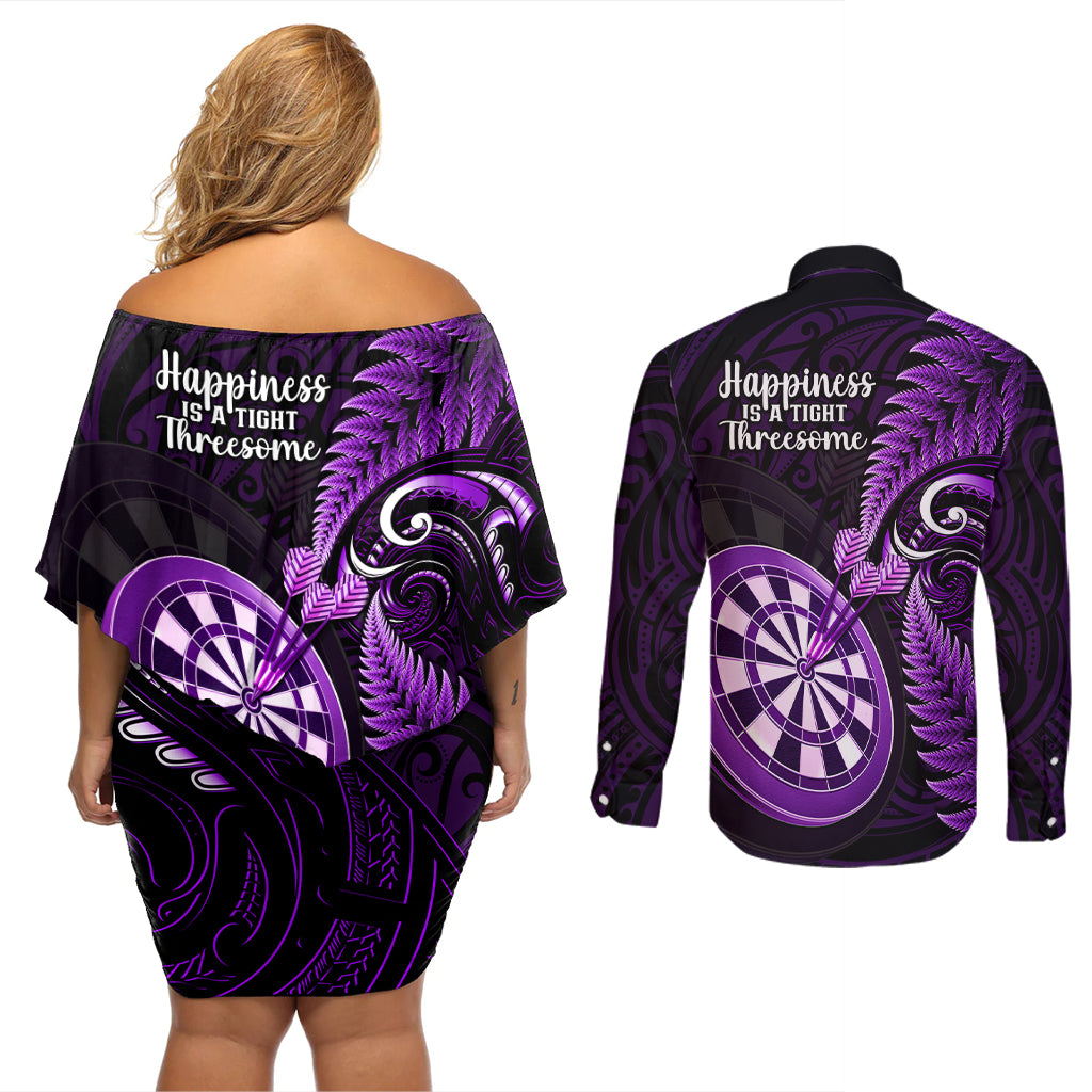 New Zealand Darts Couples Matching Off Shoulder Short Dress and Long Sleeve Button Shirts Happiness Is A Tight Threesome Maori Purple - Wonder Print Shop