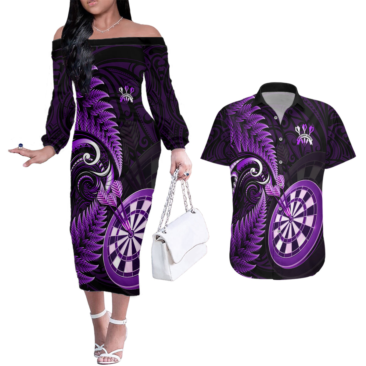New Zealand Darts Couples Matching Off The Shoulder Long Sleeve Dress and Hawaiian Shirt Happiness Is A Tight Threesome Maori Purple - Wonder Print Shop