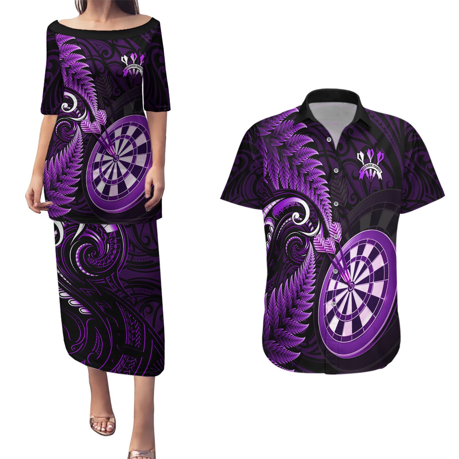 New Zealand Darts Couples Matching Puletasi Dress and Hawaiian Shirt Happiness Is A Tight Threesome Maori Purple - Wonder Print Shop