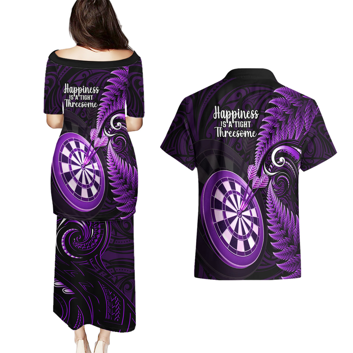 New Zealand Darts Couples Matching Puletasi Dress and Hawaiian Shirt Happiness Is A Tight Threesome Maori Purple - Wonder Print Shop