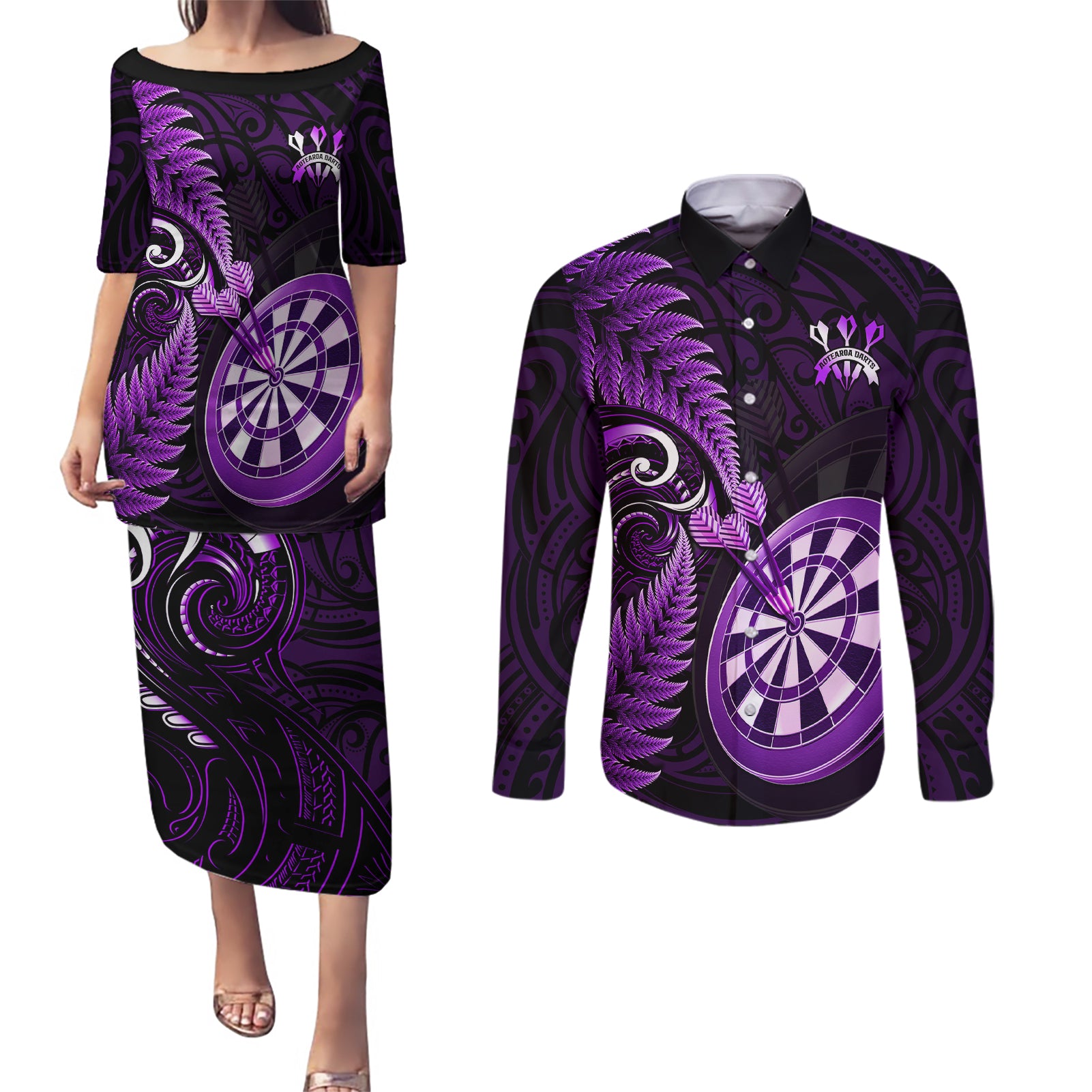 New Zealand Darts Couples Matching Puletasi Dress and Long Sleeve Button Shirts Happiness Is A Tight Threesome Maori Purple - Wonder Print Shop
