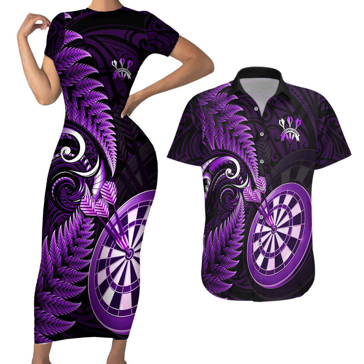 New Zealand Darts Couples Matching Short Sleeve Bodycon Dress and Hawaiian Shirt Happiness Is A Tight Threesome Maori Purple - Wonder Print Shop
