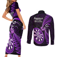New Zealand Darts Couples Matching Short Sleeve Bodycon Dress and Long Sleeve Button Shirts Happiness Is A Tight Threesome Maori Purple - Wonder Print Shop