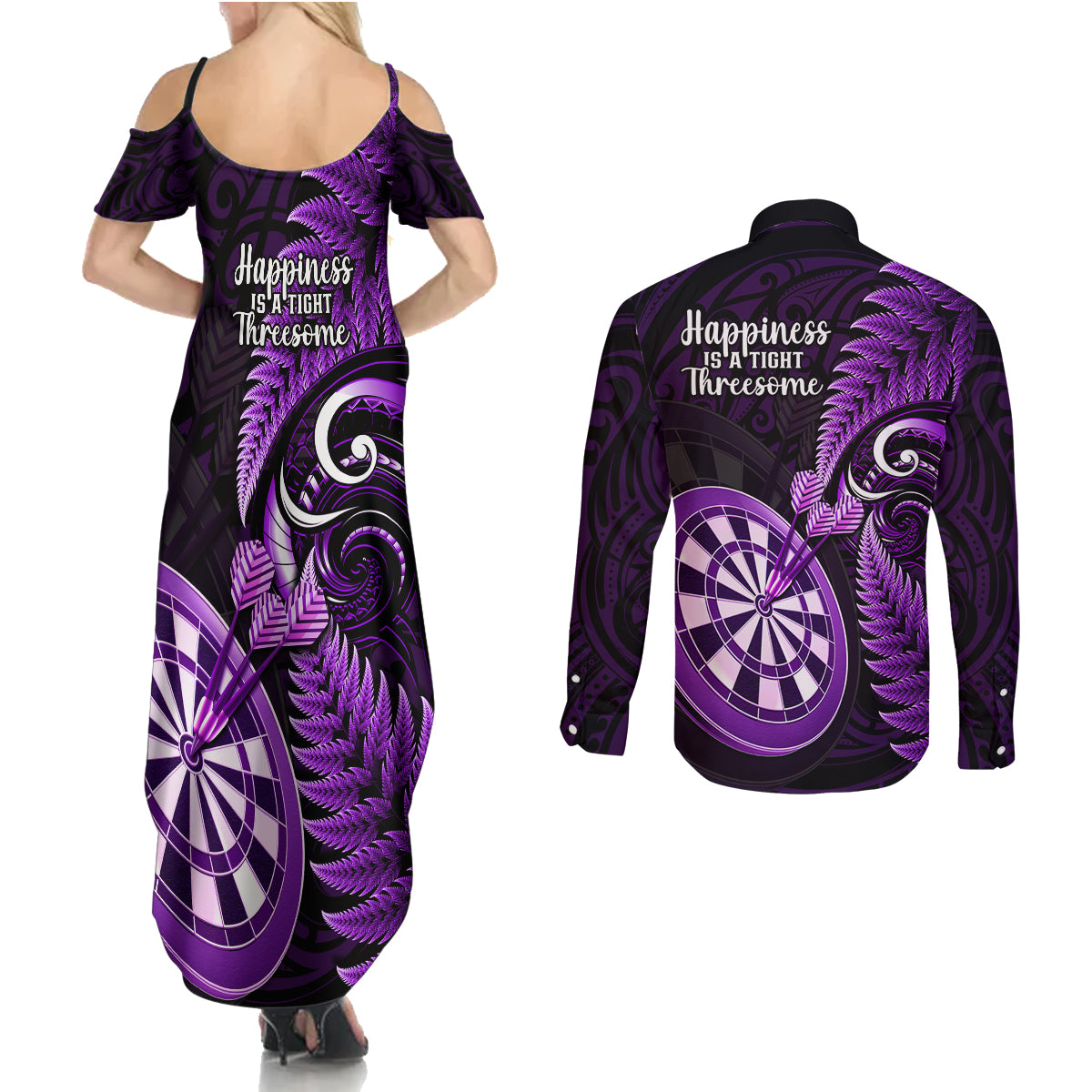 New Zealand Darts Couples Matching Summer Maxi Dress and Long Sleeve Button Shirts Happiness Is A Tight Threesome Maori Purple - Wonder Print Shop