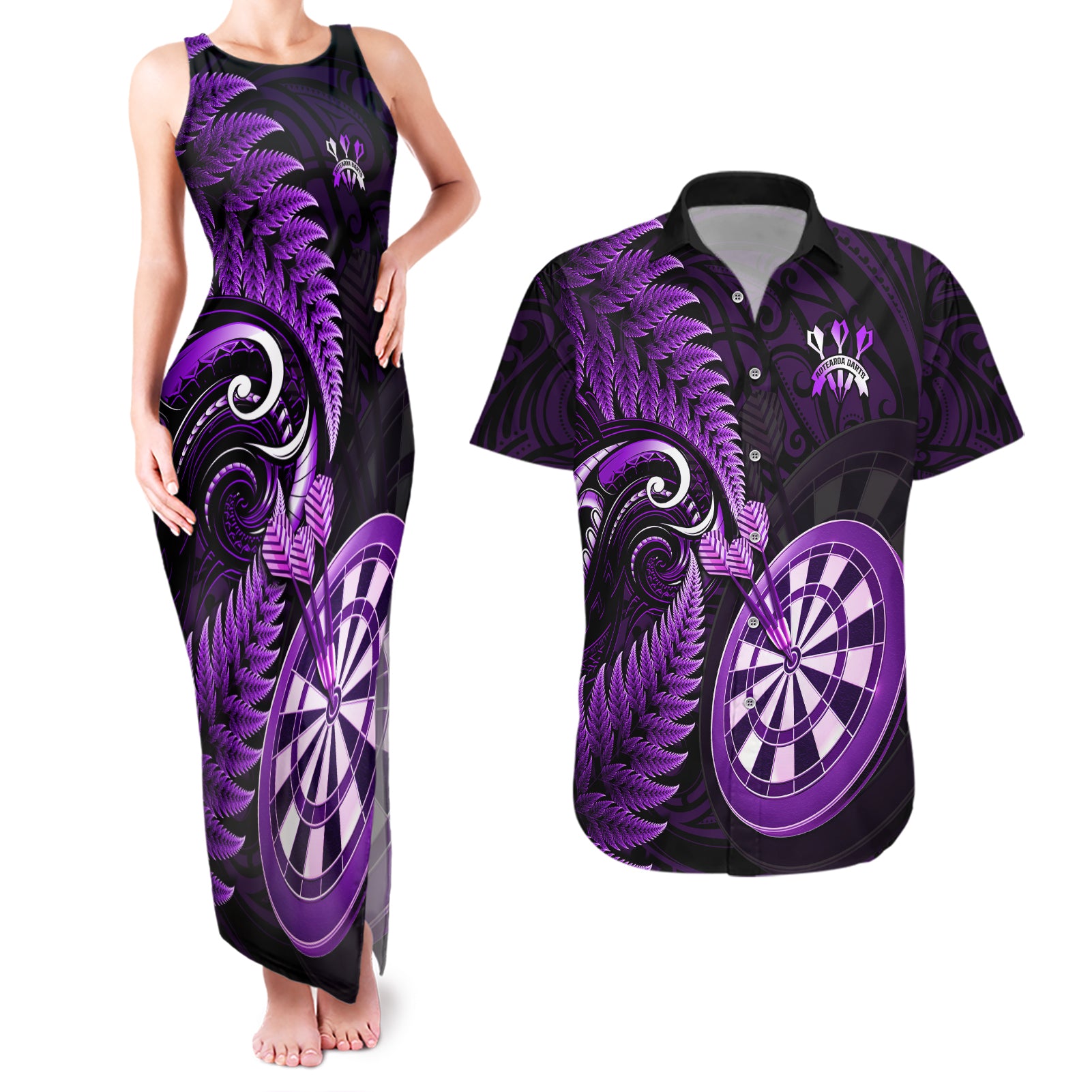 New Zealand Darts Couples Matching Tank Maxi Dress and Hawaiian Shirt Happiness Is A Tight Threesome Maori Purple - Wonder Print Shop