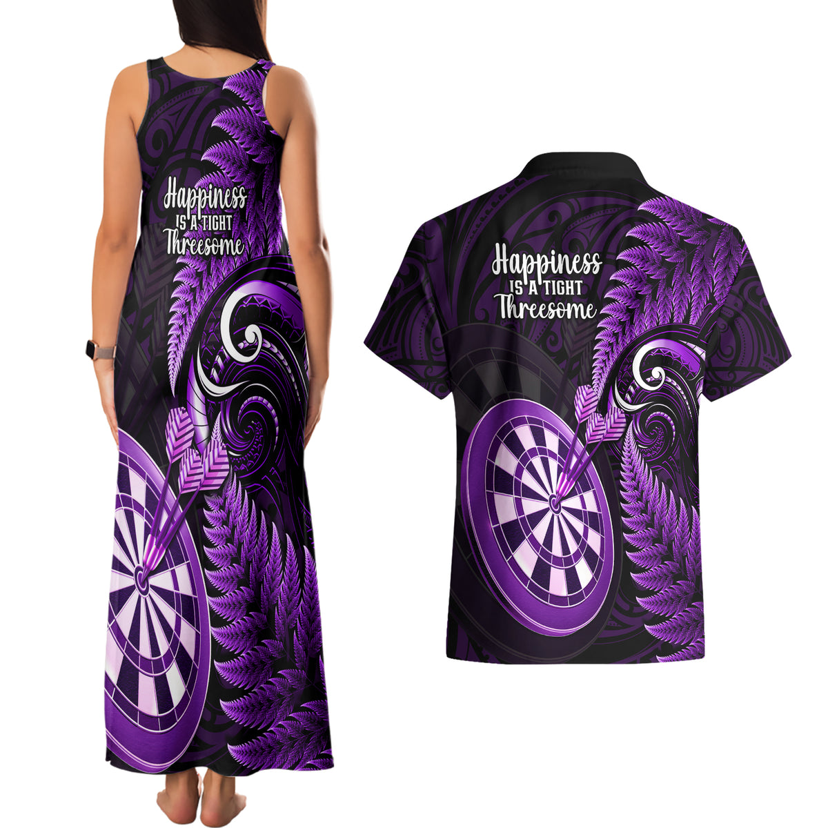 New Zealand Darts Couples Matching Tank Maxi Dress and Hawaiian Shirt Happiness Is A Tight Threesome Maori Purple - Wonder Print Shop