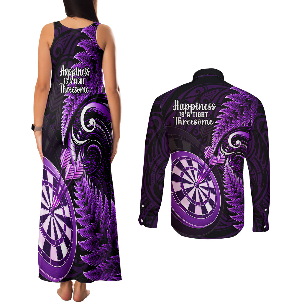 New Zealand Darts Couples Matching Tank Maxi Dress and Long Sleeve Button Shirts Happiness Is A Tight Threesome Maori Purple - Wonder Print Shop