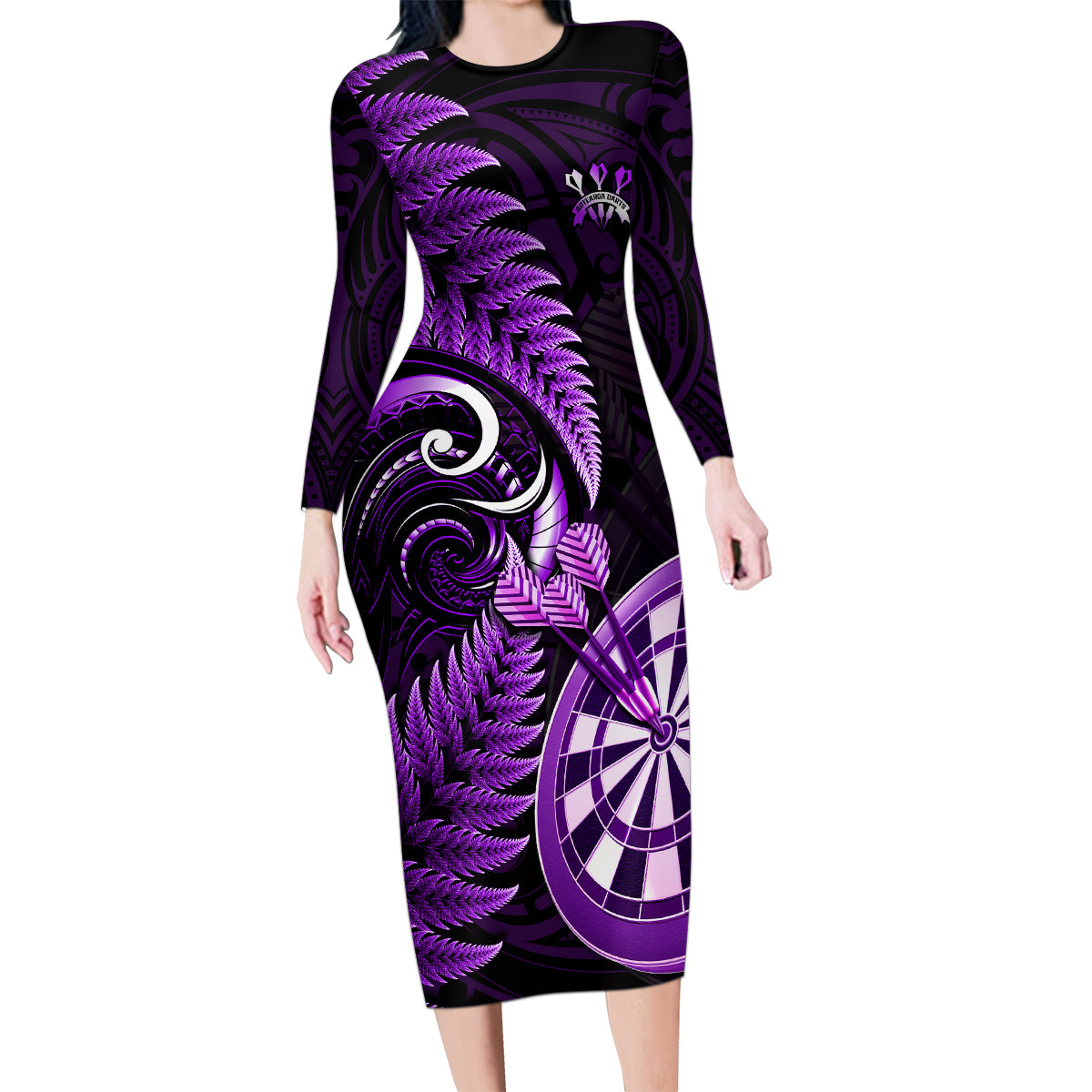 New Zealand Darts Family Matching Long Sleeve Bodycon Dress and Hawaiian Shirt Happiness Is A Tight Threesome Maori Purple - Wonder Print Shop