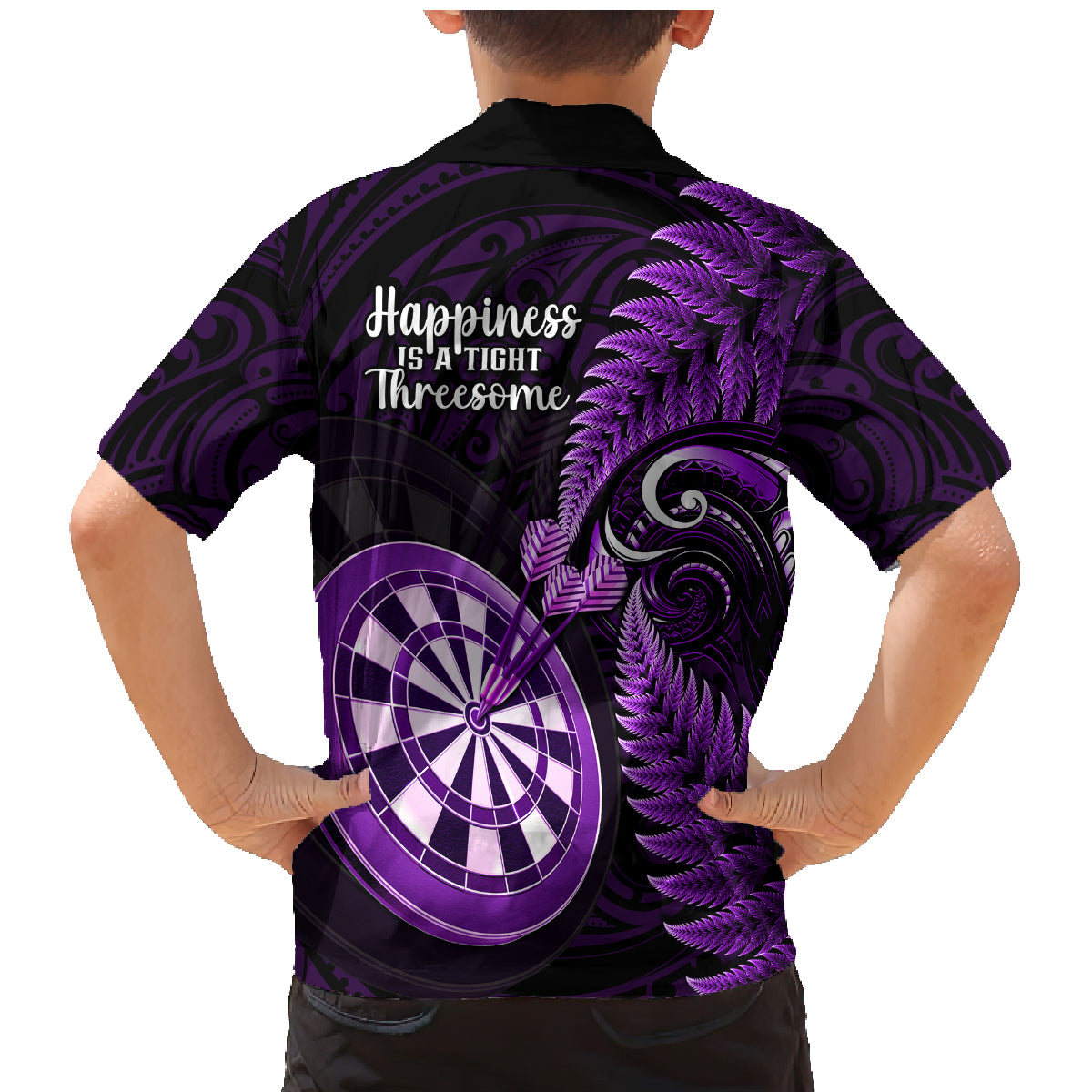 New Zealand Darts Family Matching Mermaid Dress and Hawaiian Shirt Happiness Is A Tight Threesome Maori Purple - Wonder Print Shop