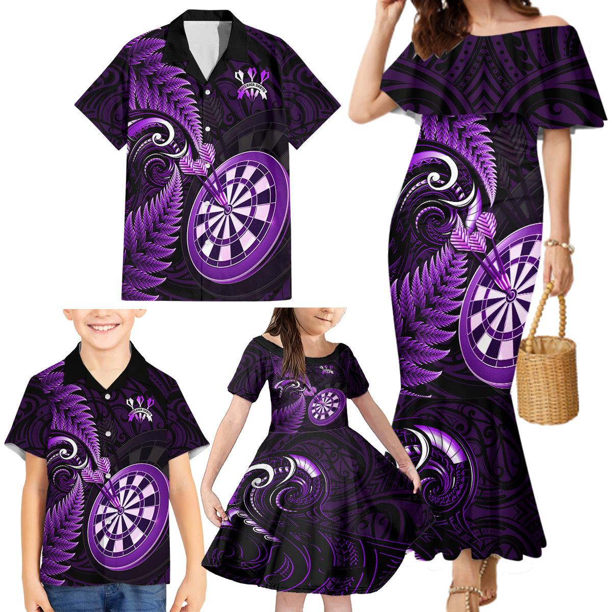 New Zealand Darts Family Matching Mermaid Dress and Hawaiian Shirt Happiness Is A Tight Threesome Maori Purple - Wonder Print Shop