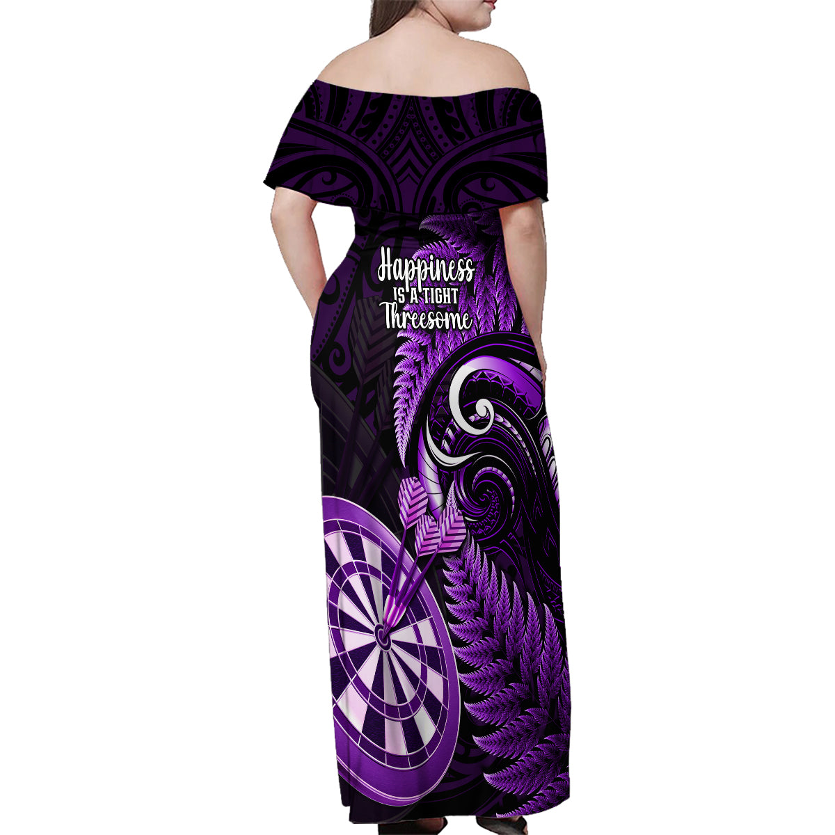 New Zealand Darts Family Matching Off Shoulder Maxi Dress and Hawaiian Shirt Happiness Is A Tight Threesome Maori Purple - Wonder Print Shop