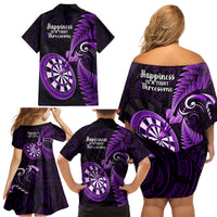 New Zealand Darts Family Matching Off Shoulder Short Dress and Hawaiian Shirt Happiness Is A Tight Threesome Maori Purple - Wonder Print Shop