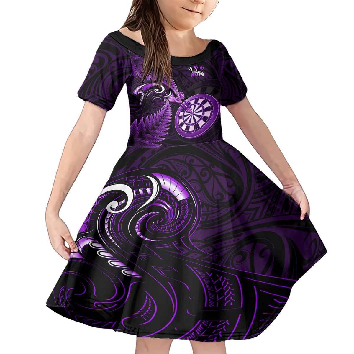 New Zealand Darts Family Matching Short Sleeve Bodycon Dress and Hawaiian Shirt Happiness Is A Tight Threesome Maori Purple - Wonder Print Shop