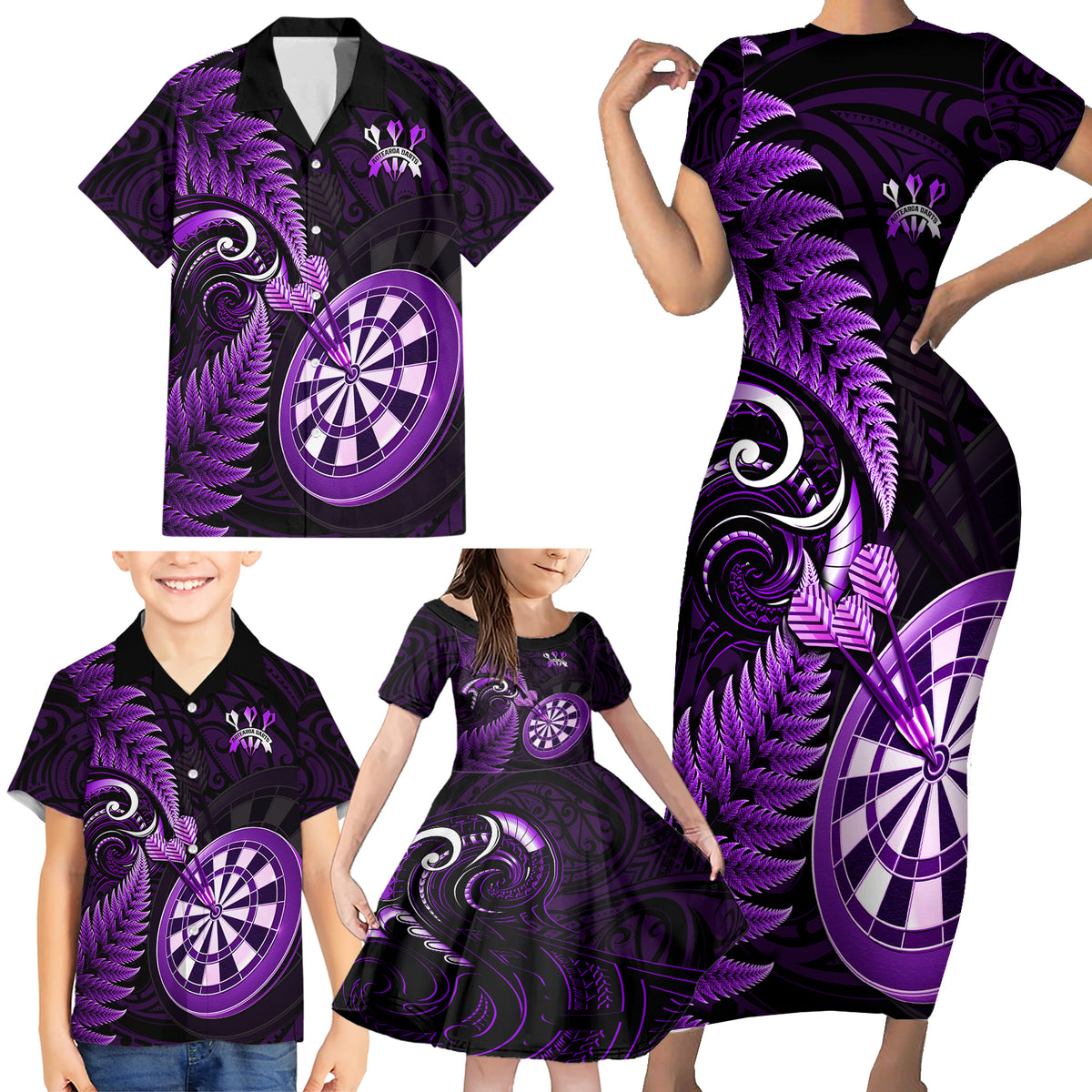 New Zealand Darts Family Matching Short Sleeve Bodycon Dress and Hawaiian Shirt Happiness Is A Tight Threesome Maori Purple - Wonder Print Shop