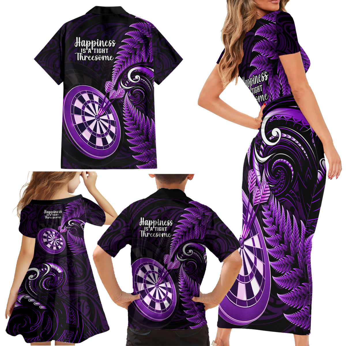 New Zealand Darts Family Matching Short Sleeve Bodycon Dress and Hawaiian Shirt Happiness Is A Tight Threesome Maori Purple - Wonder Print Shop