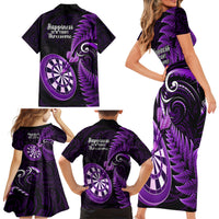New Zealand Darts Family Matching Short Sleeve Bodycon Dress and Hawaiian Shirt Happiness Is A Tight Threesome Maori Purple - Wonder Print Shop