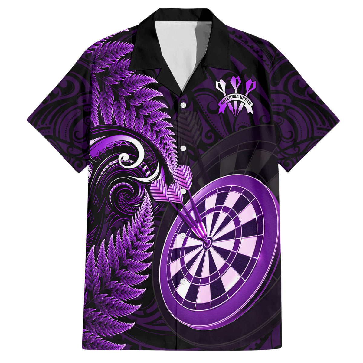 New Zealand Darts Family Matching Short Sleeve Bodycon Dress and Hawaiian Shirt Happiness Is A Tight Threesome Maori Purple - Wonder Print Shop