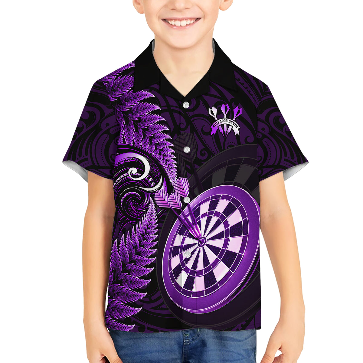 New Zealand Darts Family Matching Short Sleeve Bodycon Dress and Hawaiian Shirt Happiness Is A Tight Threesome Maori Purple - Wonder Print Shop