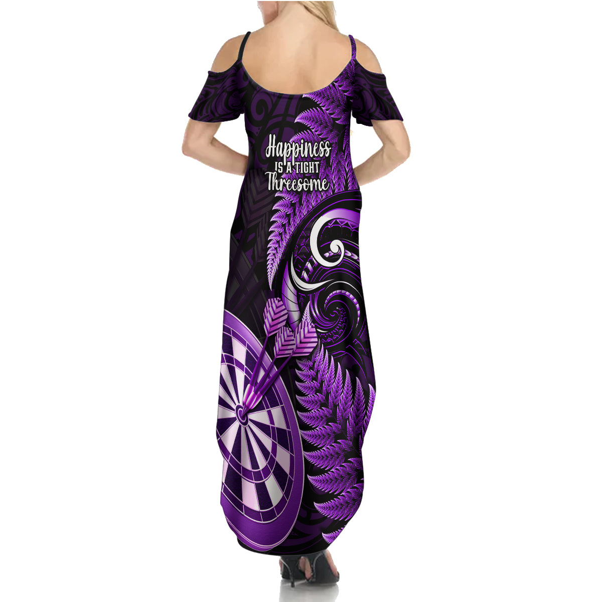 New Zealand Darts Family Matching Summer Maxi Dress and Hawaiian Shirt Happiness Is A Tight Threesome Maori Purple - Wonder Print Shop