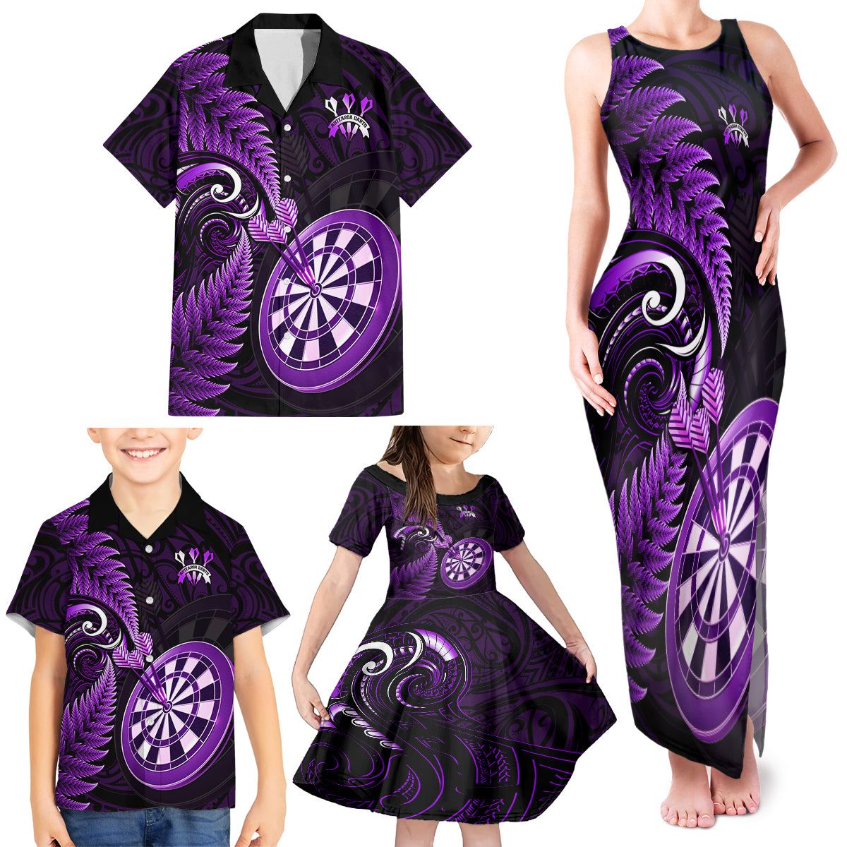 New Zealand Darts Family Matching Tank Maxi Dress and Hawaiian Shirt Happiness Is A Tight Threesome Maori Purple - Wonder Print Shop