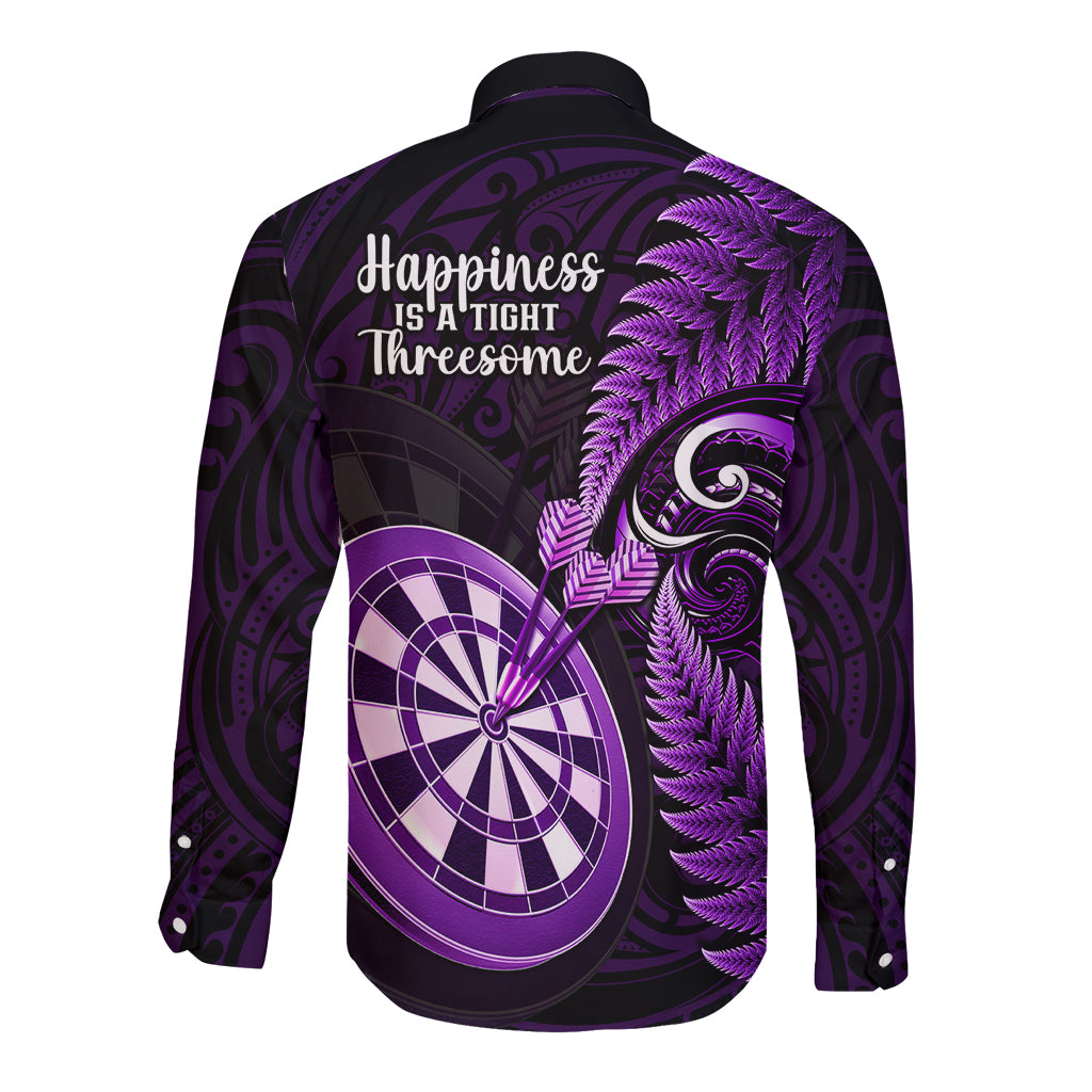 New Zealand Darts Long Sleeve Button Shirt Happiness Is A Tight Threesome Maori Purple - Wonder Print Shop