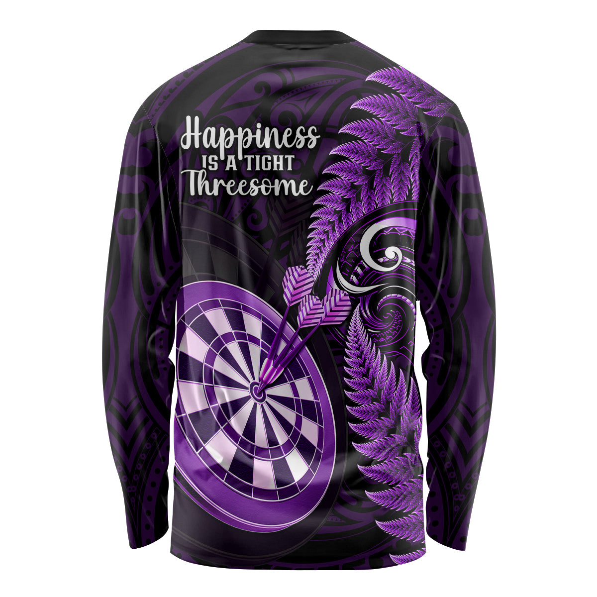 New Zealand Darts Long Sleeve Shirt Happiness Is A Tight Threesome Maori Purple - Wonder Print Shop