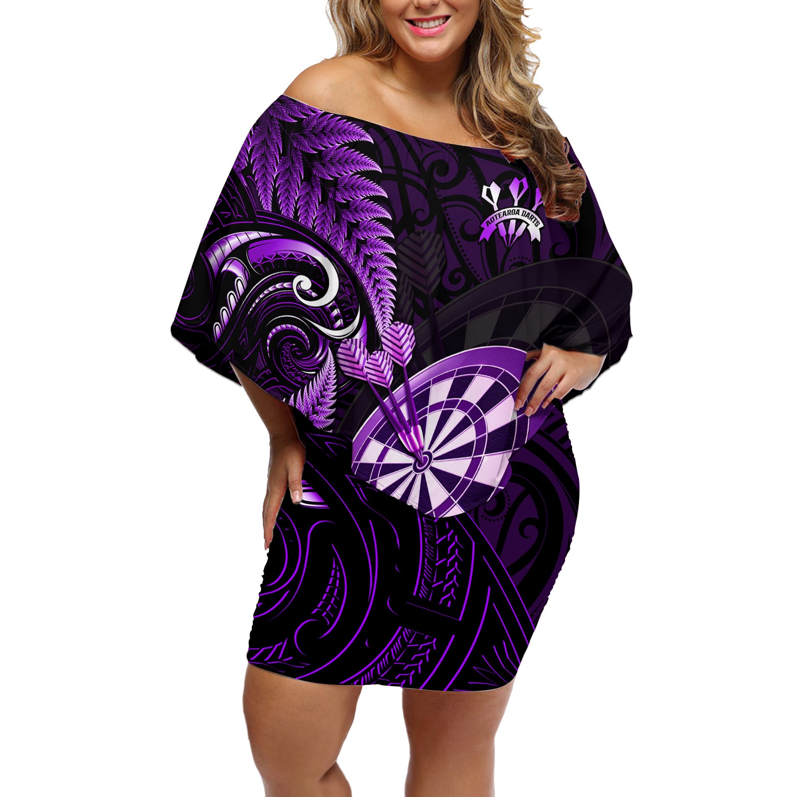 New Zealand Darts Off Shoulder Short Dress Happiness Is A Tight Threesome Maori Purple - Wonder Print Shop