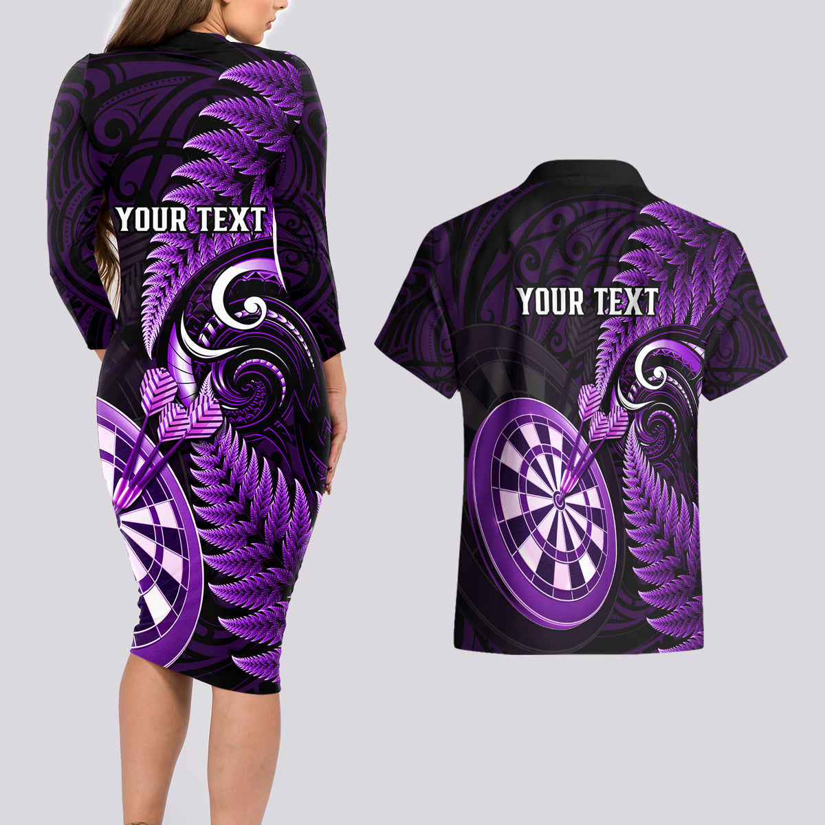 Personalised New Zealand Darts Couples Matching Long Sleeve Bodycon Dress and Hawaiian Shirt Happiness Is A Tight Threesome Maori Purple - Wonder Print Shop