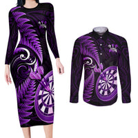 Personalised New Zealand Darts Couples Matching Long Sleeve Bodycon Dress and Long Sleeve Button Shirts Happiness Is A Tight Threesome Maori Purple - Wonder Print Shop