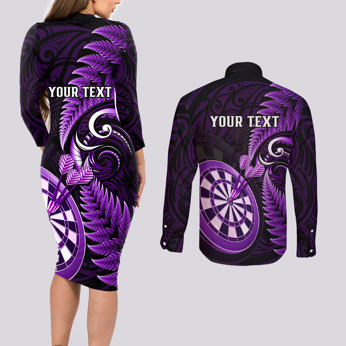 Personalised New Zealand Darts Couples Matching Long Sleeve Bodycon Dress and Long Sleeve Button Shirts Happiness Is A Tight Threesome Maori Purple - Wonder Print Shop
