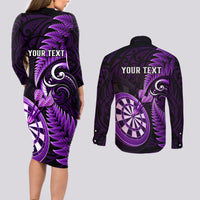 Personalised New Zealand Darts Couples Matching Long Sleeve Bodycon Dress and Long Sleeve Button Shirts Happiness Is A Tight Threesome Maori Purple - Wonder Print Shop