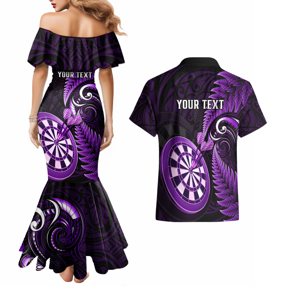 Personalised New Zealand Darts Couples Matching Mermaid Dress and Hawaiian Shirt Happiness Is A Tight Threesome Maori Purple - Wonder Print Shop