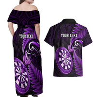 Personalised New Zealand Darts Couples Matching Off Shoulder Maxi Dress and Hawaiian Shirt Happiness Is A Tight Threesome Maori Purple - Wonder Print Shop
