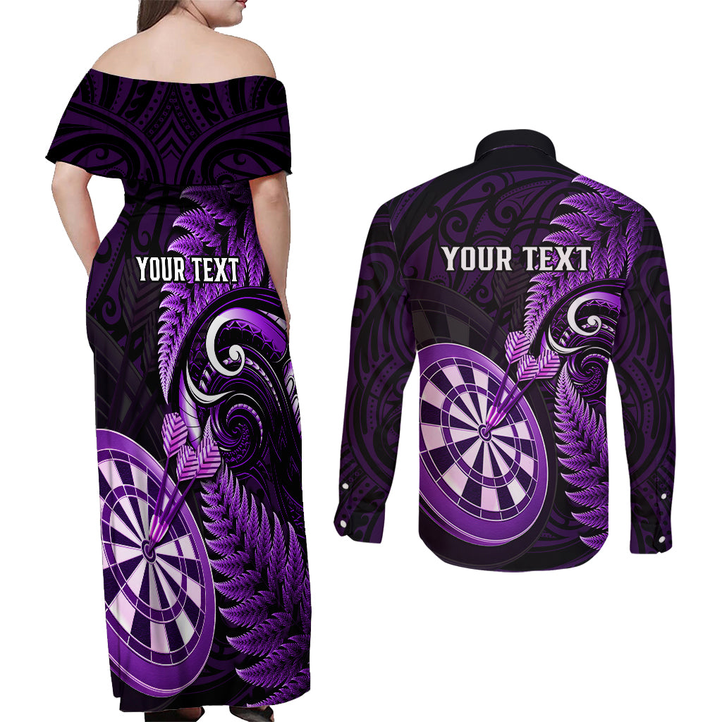 Personalised New Zealand Darts Couples Matching Off Shoulder Maxi Dress and Long Sleeve Button Shirts Happiness Is A Tight Threesome Maori Purple - Wonder Print Shop