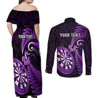 Personalised New Zealand Darts Couples Matching Off Shoulder Maxi Dress and Long Sleeve Button Shirts Happiness Is A Tight Threesome Maori Purple - Wonder Print Shop