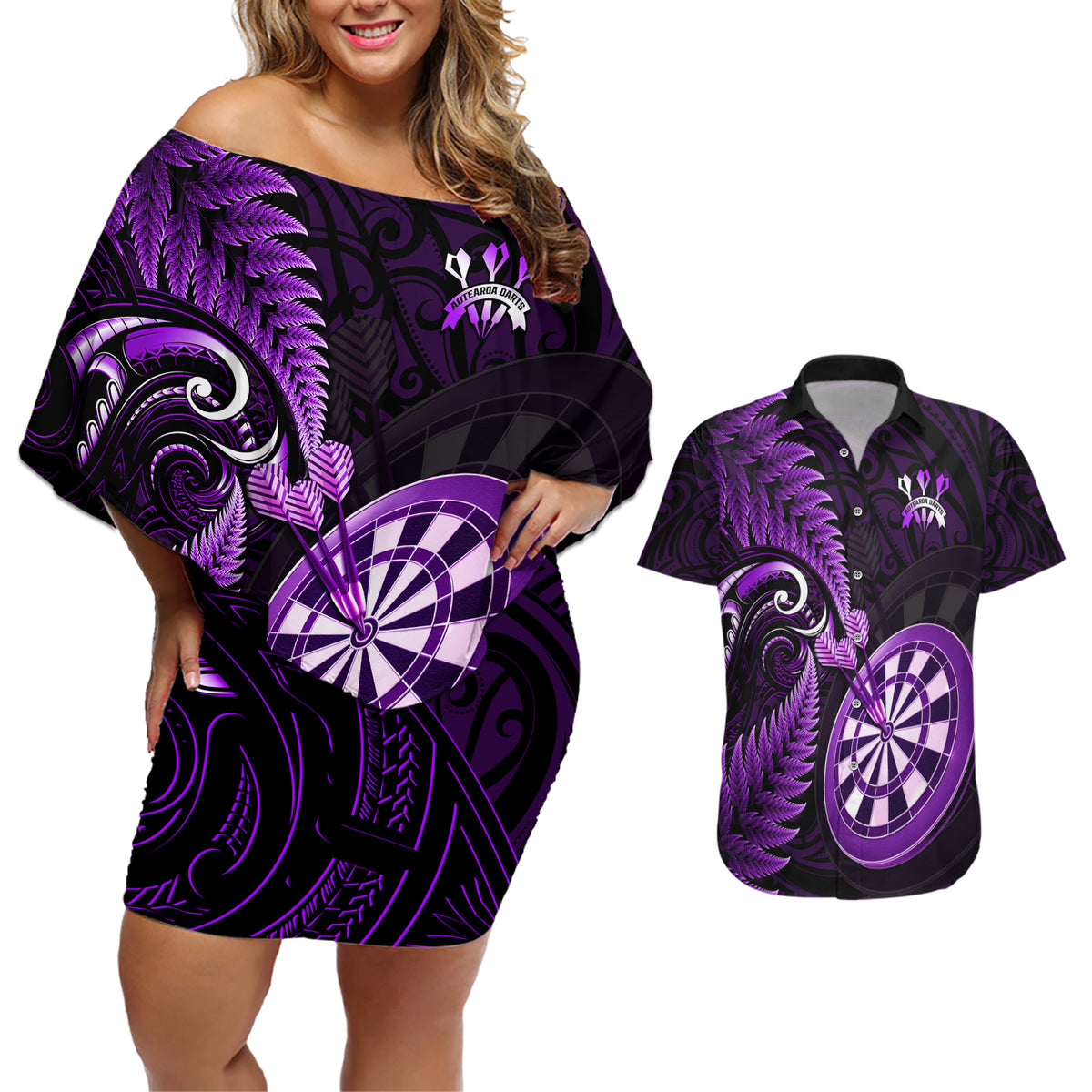 Personalised New Zealand Darts Couples Matching Off Shoulder Short Dress and Hawaiian Shirt Happiness Is A Tight Threesome Maori Purple - Wonder Print Shop