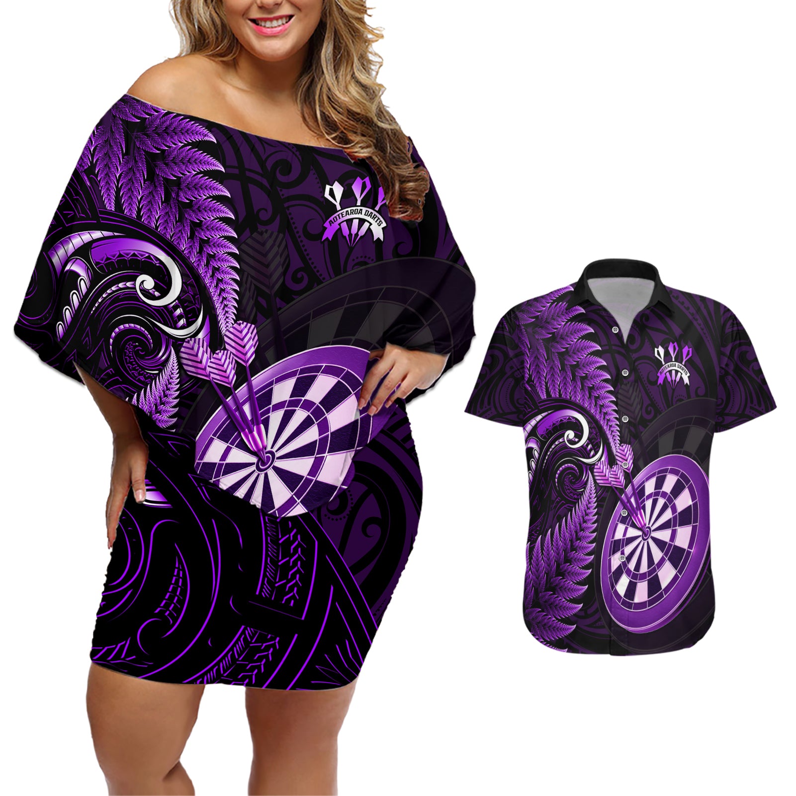 Personalised New Zealand Darts Couples Matching Off Shoulder Short Dress and Hawaiian Shirt Happiness Is A Tight Threesome Maori Purple - Wonder Print Shop