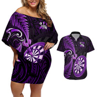 Personalised New Zealand Darts Couples Matching Off Shoulder Short Dress and Hawaiian Shirt Happiness Is A Tight Threesome Maori Purple - Wonder Print Shop
