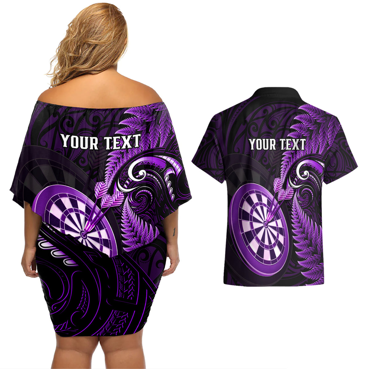 Personalised New Zealand Darts Couples Matching Off Shoulder Short Dress and Hawaiian Shirt Happiness Is A Tight Threesome Maori Purple - Wonder Print Shop