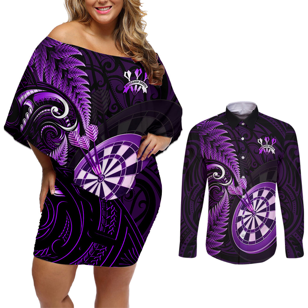 Personalised New Zealand Darts Couples Matching Off Shoulder Short Dress and Long Sleeve Button Shirts Happiness Is A Tight Threesome Maori Purple - Wonder Print Shop