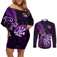 Personalised New Zealand Darts Couples Matching Off Shoulder Short Dress and Long Sleeve Button Shirts Happiness Is A Tight Threesome Maori Purple - Wonder Print Shop