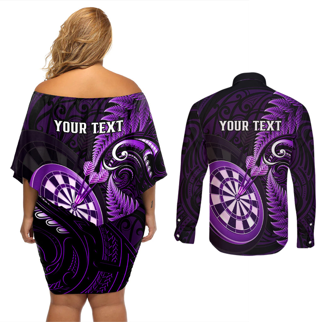 Personalised New Zealand Darts Couples Matching Off Shoulder Short Dress and Long Sleeve Button Shirts Happiness Is A Tight Threesome Maori Purple - Wonder Print Shop