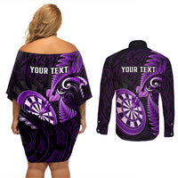 Personalised New Zealand Darts Couples Matching Off Shoulder Short Dress and Long Sleeve Button Shirts Happiness Is A Tight Threesome Maori Purple - Wonder Print Shop