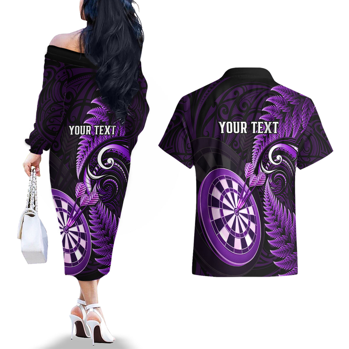 Personalised New Zealand Darts Couples Matching Off The Shoulder Long Sleeve Dress and Hawaiian Shirt Happiness Is A Tight Threesome Maori Purple - Wonder Print Shop