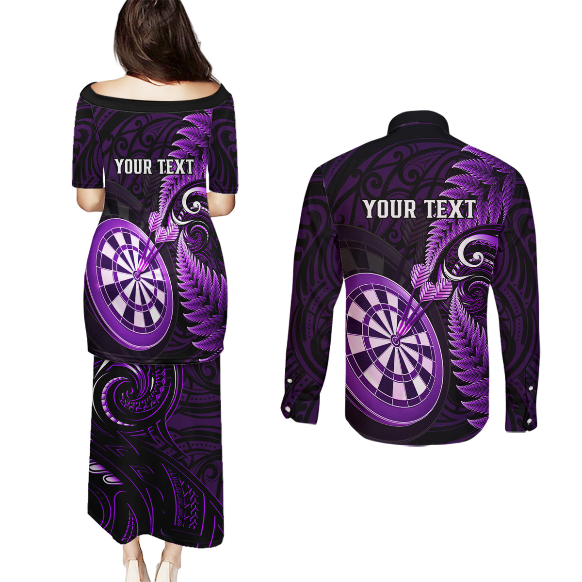 Personalised New Zealand Darts Couples Matching Puletasi Dress and Long Sleeve Button Shirts Happiness Is A Tight Threesome Maori Purple - Wonder Print Shop