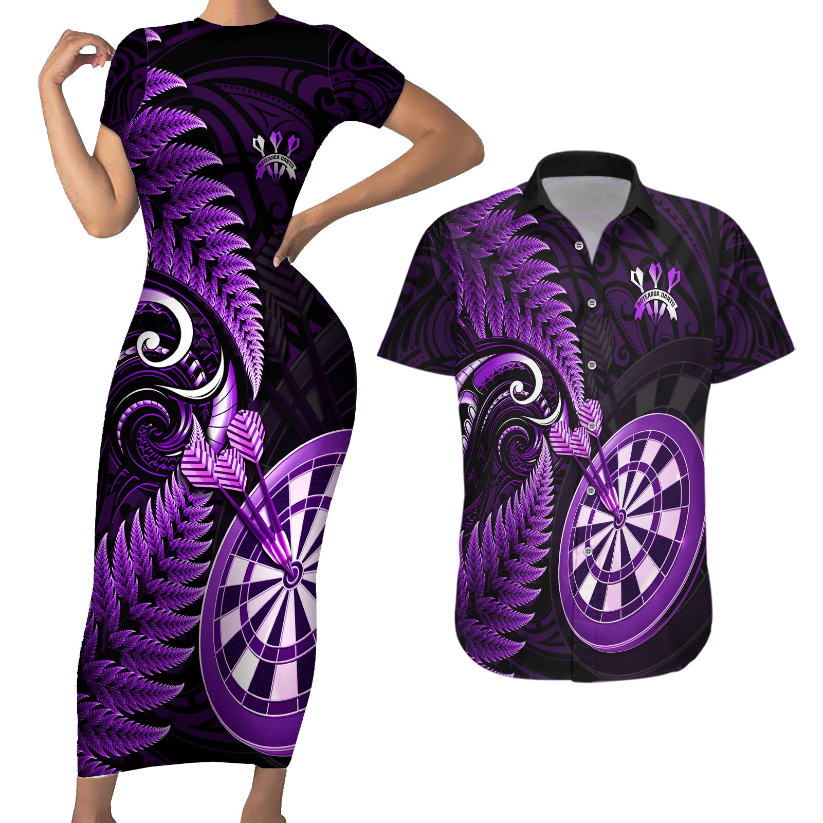 Personalised New Zealand Darts Couples Matching Short Sleeve Bodycon Dress and Hawaiian Shirt Happiness Is A Tight Threesome Maori Purple - Wonder Print Shop